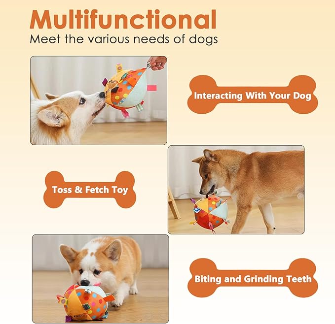 Dog Squeaky Plush Toy with Straps, 6-Inch Soft Stuffed Ball with Cotton Material and Bell Built-in, Pet Interactive Fetch Toy for Small to Large Dog-PurrikoPets