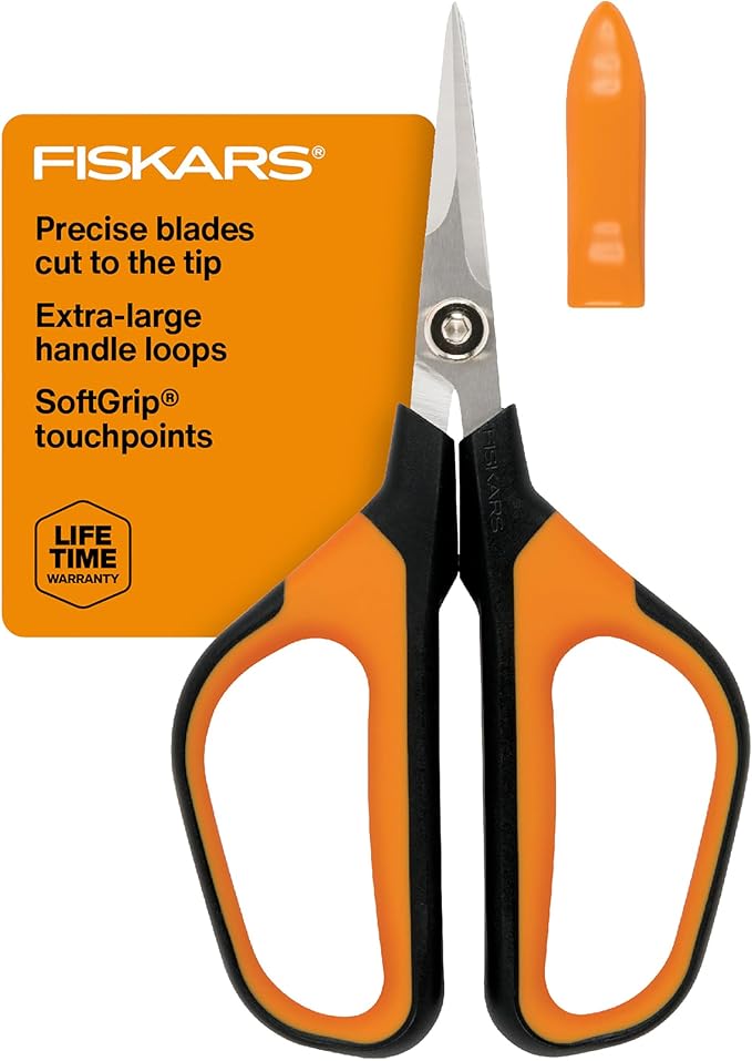 Fiskars Comfort Loop Micro-Tip Pruning Snips - 7" Garden Shears with Sheath and Extra Large SoftGrip Handle - Yard and Garden Tools - Orange/Black-PurrikoPets