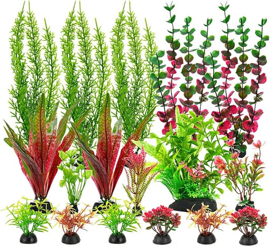 18-Piece Artificial Aquarium Plants Decorations – Large Set with Red & Green Foliage, Fish Tank Decor for Betta, Goldfish, Freshwater & Saltwater Tanks, Weighted Bases-PurrikoPets