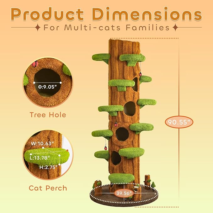 90.5'' Luxury Cat Tree for Indoor Cats, All-in-One Tall Cat Tower with Scratching Post, Multi-Level House, Wood Condo for Multi-Cat Families (Green)-PurrikoPets