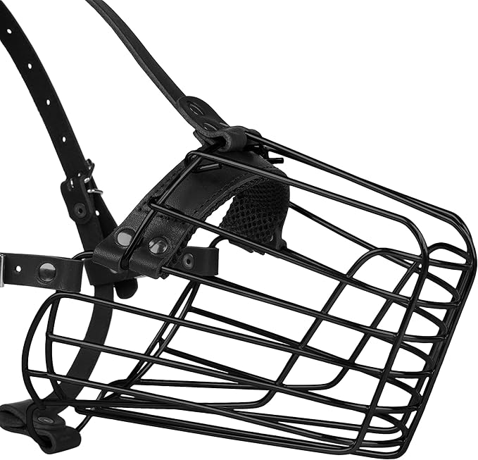 German Shepherd Dog Muzzle Metal Basket for Medium Large Dogs Adjustable Durable Leather Straps Secure Wire Mask for Biting Chewing Barking (Black, L - Size)-PurrikoPets