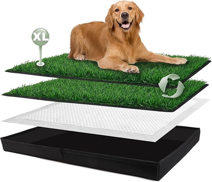 Dog Grass Pad with Foldable Dog Litter Box, Extra Large Liner Base (44”×34”) for Balcony, 2 Artficial Grass Pee Pads for Dogs, Pee Pad Holder, Potty Training-PurrikoPets