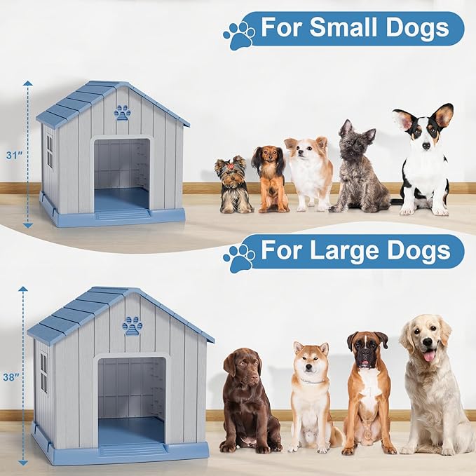 Dog House Indoor Outdoor for Small to Large Sized Dogs Resin Outdoor Dog House with Ventilation Puppy Shelter with Elevated Floor, Easy to Assemble, Blue-PurrikoPets