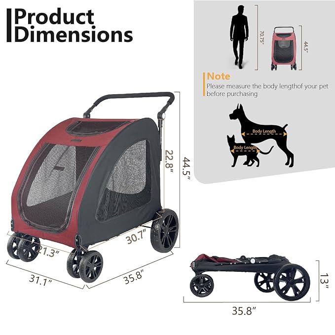 Extra Large Dog Stroller for Medium & Large Pets - Foldable Design, Adjustable Handle, Up to 130 lbs(Red)-PurrikoPets