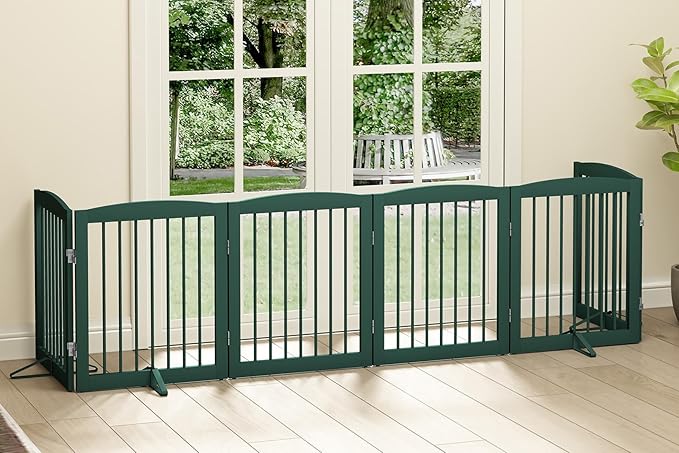 Freestanding Pet Gate for Dogs, Foldable Wooden Dog Gate for House, Extra Wide Indoor Pet Barrier for Stair, Doorway, Hall, Support Feet Included, 120 Inch Wide, 6 Panels 24",Green-PurrikoPets
