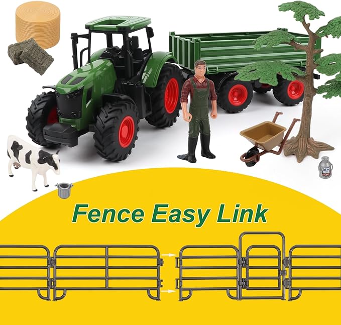 Farm Animal Tractor Toys Playset-16.5 Inches Tractor with Trailer Fence,Farmer,Tree,Cow,Farm Toy Set for Boys Girls Kids Toddlers Age 3-7 Years Old-PurrikoPets