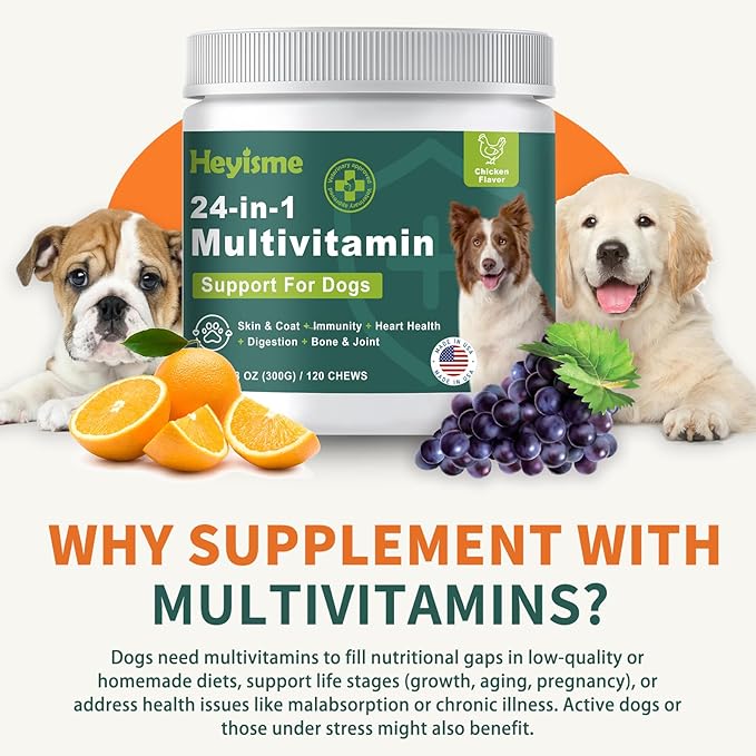 Dog Multivitamin, Glucosamine Chondroitin for Dogs, Dog Vitamins and Supplements, Probiotics, Krill Oil for Hip & Joints, Skin, Coat, Immune Health, Heart, Digestion (120 Chews, Chicken)-PurrikoPets