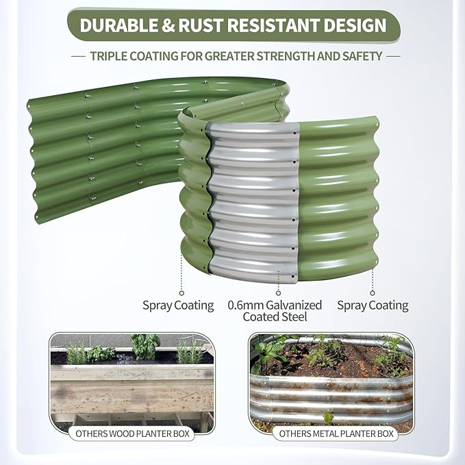 Galvanized Raised Garden Bed - 4x2x1.4FT Metal Planter Boxes Outdoor | Oval Steel Raised Bed Kit for Gardening with Protective Tape, Gloves for Vegetables, Flower, Herb (Green)-PurrikoPets
