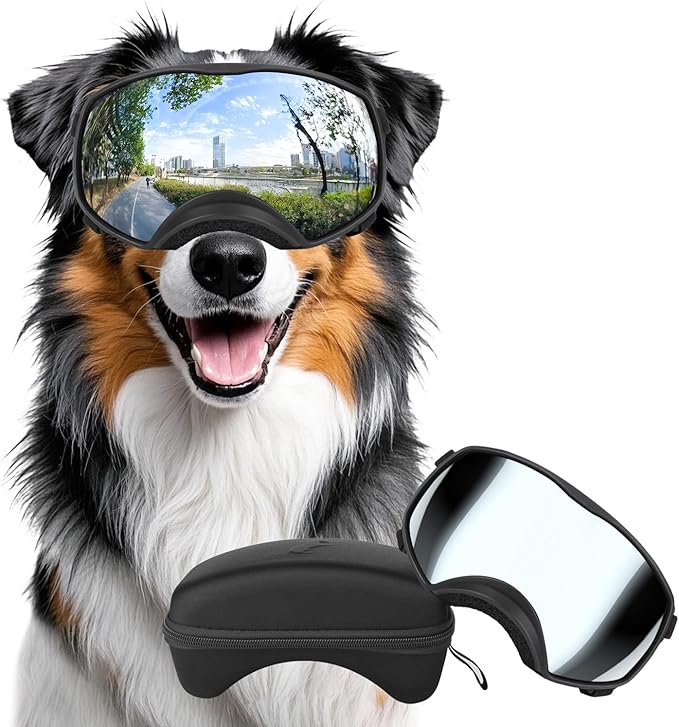 Dog Sunglasses UV Protection Clear Dog Goggles Windproof Glasses with Elastic Straps for Medium-Large Breed, Black Frame + Silver Lens-PurrikoPets