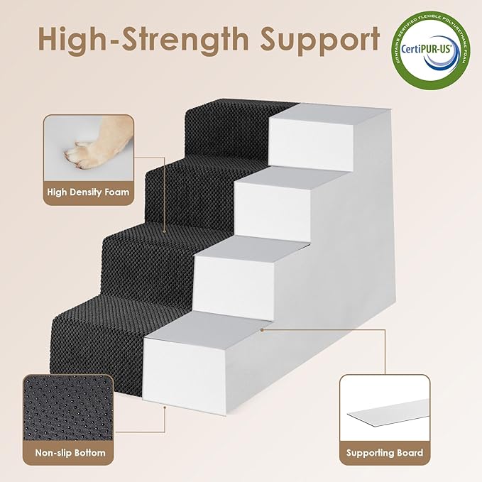 EHEYCIGA Dog Stairs for Bed 20" H, 4-Step Extra Wide Dog Steps for High Bed, Pet Steps for Small Dogs and Cats, Non-Slip Balanced Pet Ramp Indoor, Black-PurrikoPets