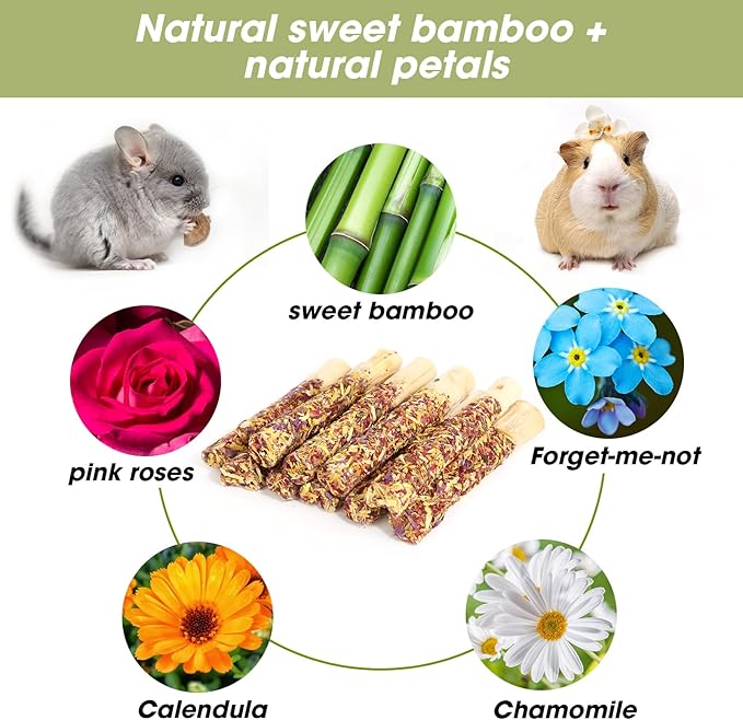 Abizoo Natural Rabbit Chew Toys,10 Sticks Sweet Bamboo Sticks for Rabbits with Petals,Bunny Chew Toys for Guinea Pig,Chinchilla,Hamster Treats Pet Wood Chews Snack Healthy Small Animals Toys for Teeth-PurrikoPets