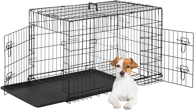 FDW Dog Crate for Small Dogs 24 Inch Folding Metal WirePet Cage Double Door W/Divider Panel Indoor Outdoor Kennel Leak-Proof Plastic Tray,Black-PurrikoPets