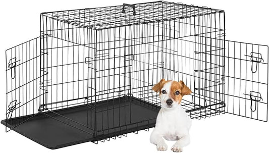 FDW Dog Crate for Small Dogs 24 Inch Folding Metal WirePet Cage Double Door W/Divider Panel Indoor Outdoor Kennel Leak-Proof Plastic Tray,Black-PurrikoPets