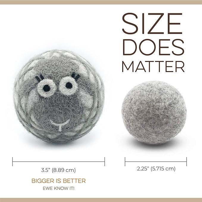 Fluff Ewes Wool Dryer Balls 3 Pack Premium New Zealand Wool Laundry Balls for Dryer, No Static Dryer Balls Laundry Reusable Cute - XL Wool Dryer Balls Cute, Baby Dryer Balls for Dryers - Lights-PurrikoPets