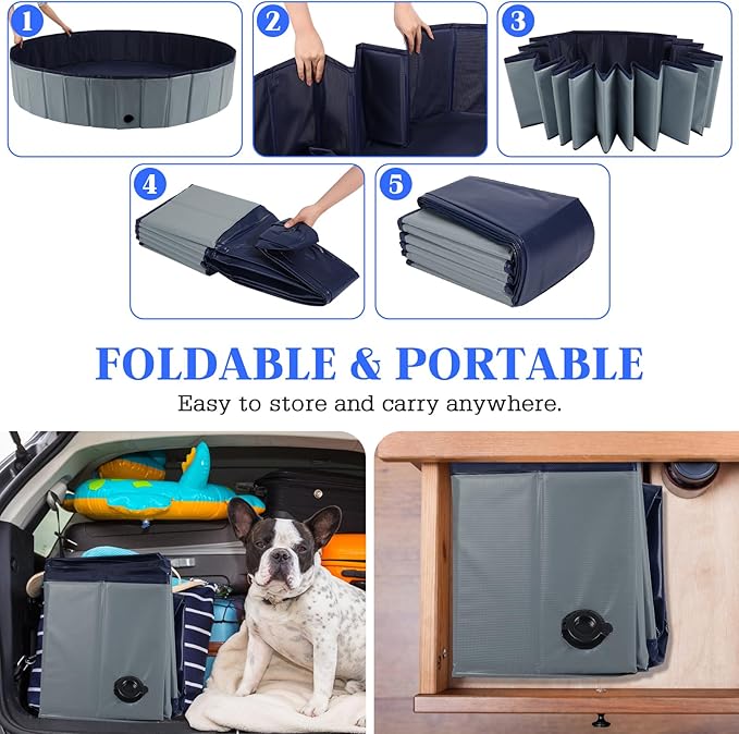 Foldable Dog Bath Swimming Pool 63'' Plastic Kiddie Pool Professional Tub Collapsible Grooming Bathtub for Pets Kids Baby and Toddler, 63 x 12 Inches Gray-PurrikoPets