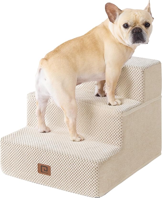 EHEYCIGA Dog Stairs for Small Dogs 13.5" H, 3-Step Dog Steps for Couch Sofa and Chair, Pet Steps for Medium Cats, Non-Slip Balanced Pet Ramp Indoor, Beige-PurrikoPets