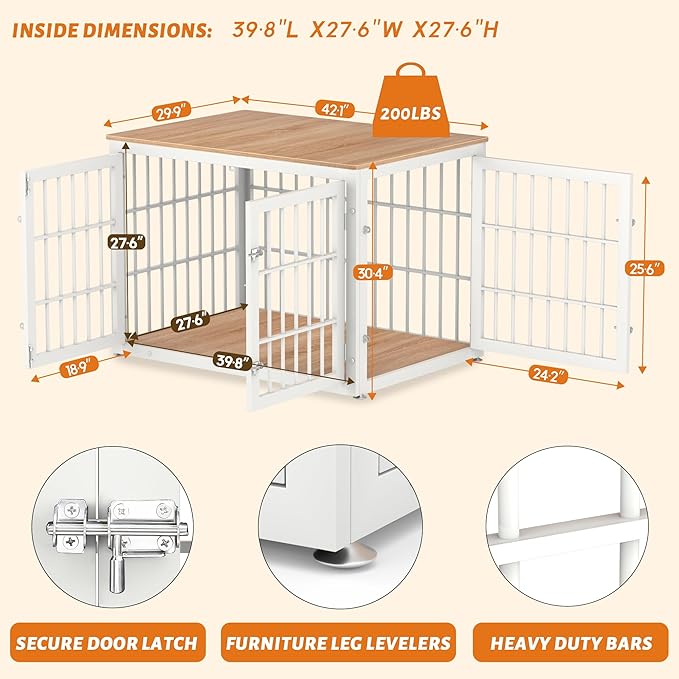 42 Inch Heavy Duty Dog Crate Furniture for Large and Medium Dogs, Decorative Pet House End Table, Wooden Cage Kennel Furniture Indoor, Natural and White-PurrikoPets