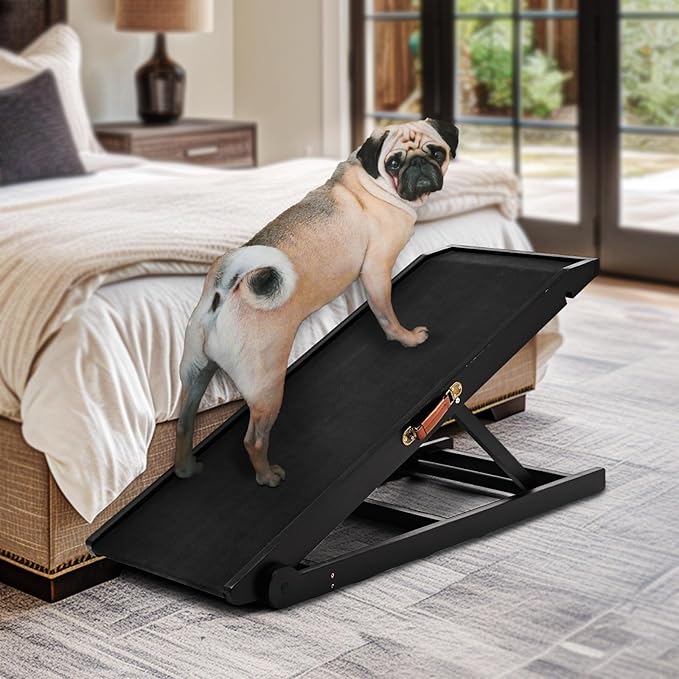 Dog Ramp for Bed, Adjustable Pet Ramps for Dog to Get on Bed, Non-Slip Rubber Surface - Folding Wooden Dog Ramp for Small/Large/Old Dogs, Adjustable up to 19.5 inch High Beds-PurrikoPets