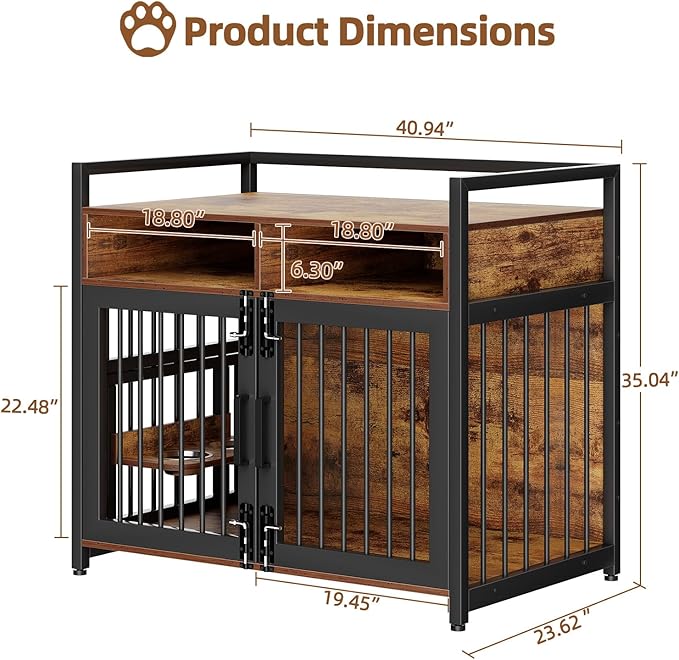 Furniture Style Dog Crate with Storage, 41 Inch Dog Crate Furniture with Double Doors, 2 Stainless Steel Bowls, Dog Crate Furniture-Style Crate for Large/Medium Dog-PurrikoPets