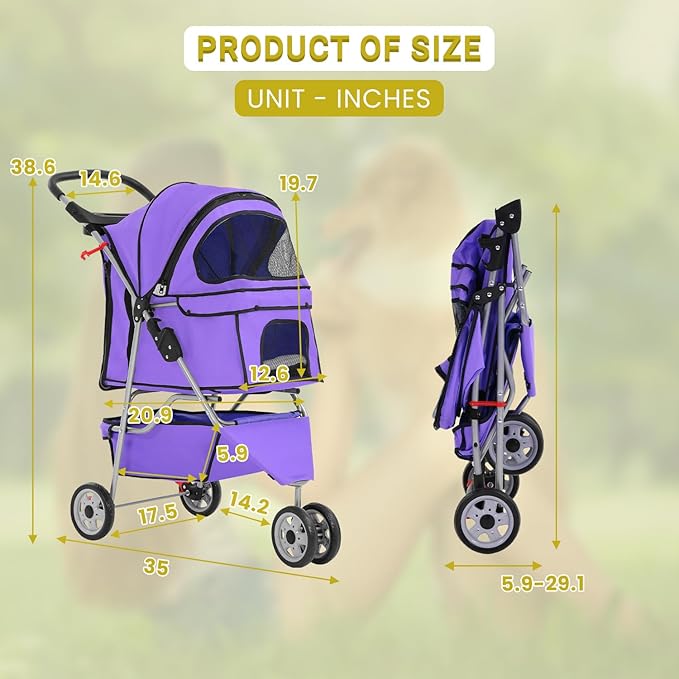 Foldable Pet Stroller,Dog Stroller with 3 Wheel,Pet Strolling Cart,Dog Travel Carrier with Storage Basket and Cup Holder for Dog Puppy,Purple-PurrikoPets