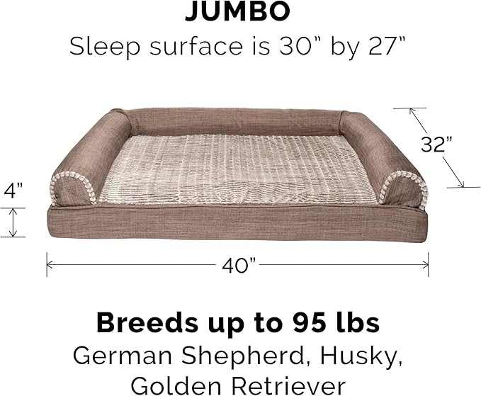 Furhaven Cooling Gel Dog Bed for Large Dogs w/ Removable Bolsters & Washable Cover, For Dogs Up to 95 lbs - Luxe Faux Fur & Performance Linen Sofa - Woodsmoke, Jumbo/XL-PurrikoPets
