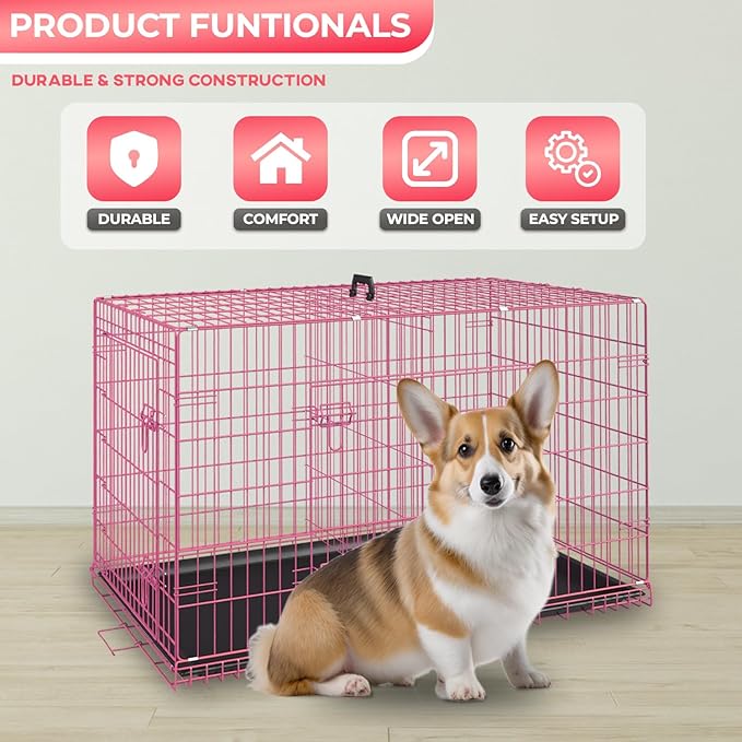 FDW Dog Crate for Small Dogs 24 Inch Folding Metal WirePet Cage Double Door W/Divider Panel Indoor Outdoor Kennel Leak-Proof Plastic Tray,Pink-PurrikoPets