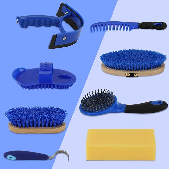 9 Pieces Grooming Kit with Tote Bag - Horse Brush Set, Sweat Scraper, Sponge, Hoof Pick, Curry Comb for Riders and Beginners (Blue)-PurrikoPets