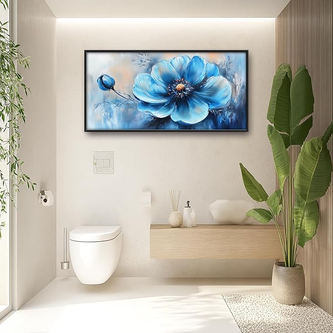 Extra Large Abstract Blue Flower Framed Wall Art for Living Room,Oversized Elegant Floral Pictures Wall Decor,Canvas Print Painting Modern Artwork Bedroom Office Bathroom 60L" x 30W"-PurrikoPets