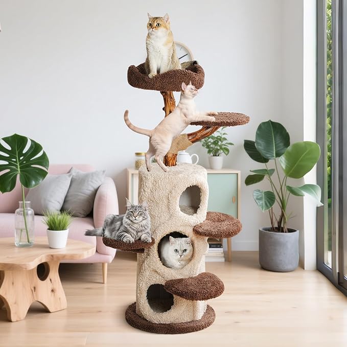 54.7'' Modern Cat Tree for Indoor Cats Large Adult, Wood Cat Tree with 3 Spacious Condos, Luxury Cat Tower with Cozy Perch, Scratching Post, Sturdy Kitty House Furniture for Small Medium Large Cats-PurrikoPets