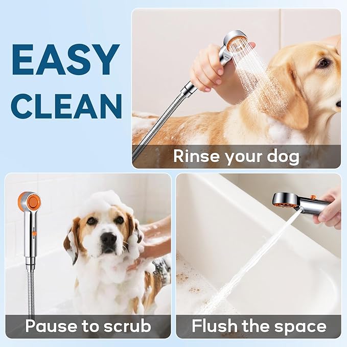 Dog Shower Attachment, 3 Mode Handheld Sprayer with ON/OFF Switch, G1/2" Metal Diverter, 100 Inches Stainless Steel Hose, No Drill Holder, for Pet and Dog Washing in Bathroom-PurrikoPets