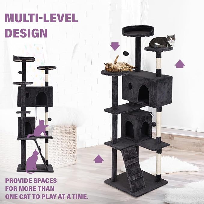 70 inches Cat Tower for Indoor Cats Multi-Level Cat Condos for XL Cat Tree Cat Climbing Tower with Scratching Posts, Hanging Toys,Dark Gray-PurrikoPets
