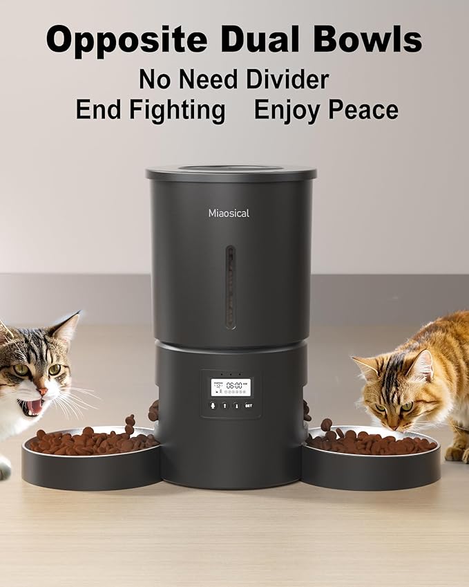 Dual Automatic Cat Feeder 2 Cats,6 Meals/Day,12 Portions/Meal,4.2L Dual Power Double Bowls Feeder,Dry Food Auto Pet Dispenser,10S Voice Record,Flexible Schedule Timer (Black,Stainless Dual Bowls)-PurrikoPets