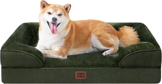 EHEYCIGA Orthopedic Dog Beds for Large Dogs, Waterproof Memory Foam Large Pet Bed with Sides, Non-Slip Bottom and Egg-Crate Foam Dog Couch Bed with Washable Removable Cover, Dark Green-PurrikoPets