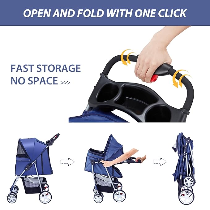 4 Wheels Pet Stroller for Small Medium Dogs Cats 10-33 lbs, Foldable Dog and Cat Stroller with Cup Holder & Storage Basket & Breathable Mesh, Pet Strolling Cart for All-Season, Navy Blue-PurrikoPets