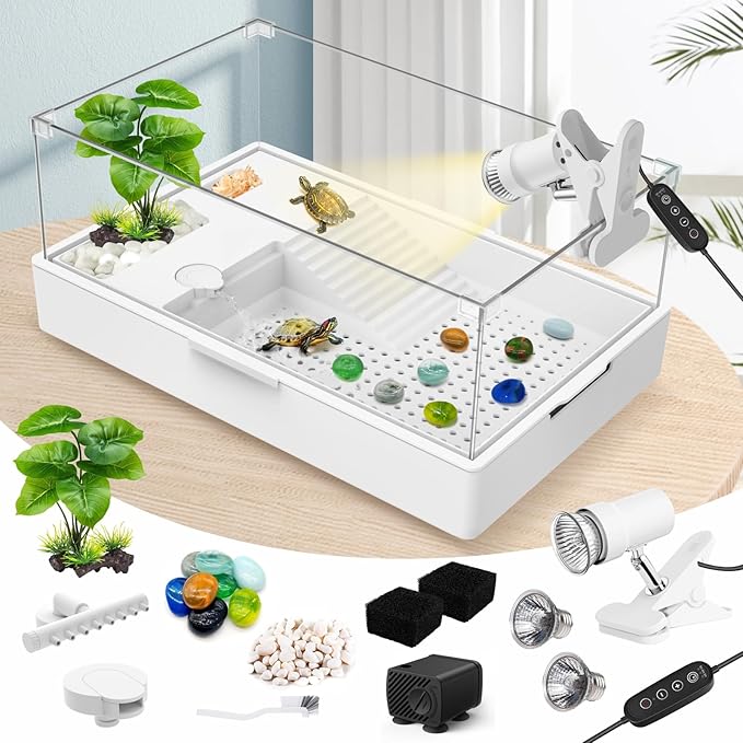 GOZILLA Large Turtle Tank Kit+Water Pump+Lamp, Acrylic Turtle Tank Starter Kit with Adjustable 5W Water Pump and Timing/Dimming Lamp, Multi-Functional Area for Small/Medium Turtles(Large-White Kit).-PurrikoPets
