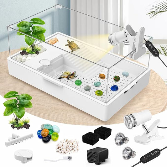 GOZILLA Large Turtle Tank Kit+Water Pump+Lamp, Acrylic Turtle Tank Starter Kit with Adjustable 5W Water Pump and Timing/Dimming Lamp, Multi-Functional Area for Small/Medium Turtles(Large-White Kit).-PurrikoPets