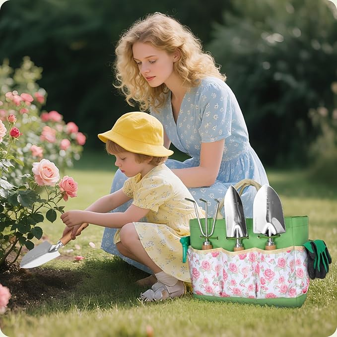 Garden Tool Set,10 Piece Garden Kit,Heavy Duty Stainless Steel Gardening Hand Tools with Durable Storage Tote,Rust-Proof Garden Tools,Gardening Gifts for Women Men Pink Floral Pattern Design-PurrikoPets