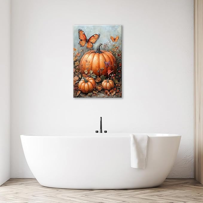 Fall Pumpkin Pictures Wall Art, Rustic Thanksgiving Bathroom Wall Decor, Farmhouse Autumn Butterfly Framed Painting Canvas Artwork for Harvest Gift Bedroom Living Room Decorations 24"L x 16"W-PurrikoPets