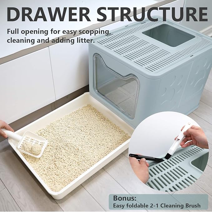 Foldable Cat Litter Box with Lid, Enclosed Potty, Large Top Entry Anti-Splashing Toilet, Easy to Clean Including Litter Scoop and 2-in-1 Cleaning Brush (Blue)-PurrikoPets