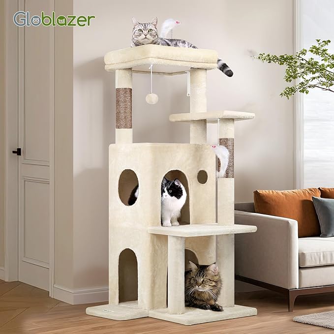 Globlazer Cat Tree Tower for Indoor Cats, 50-inch Adult Cat Tree House for Large Adult Cats with Steps, Scratching Post, 2 Cat Caves, Dangling Toys, FC50, Beige-PurrikoPets