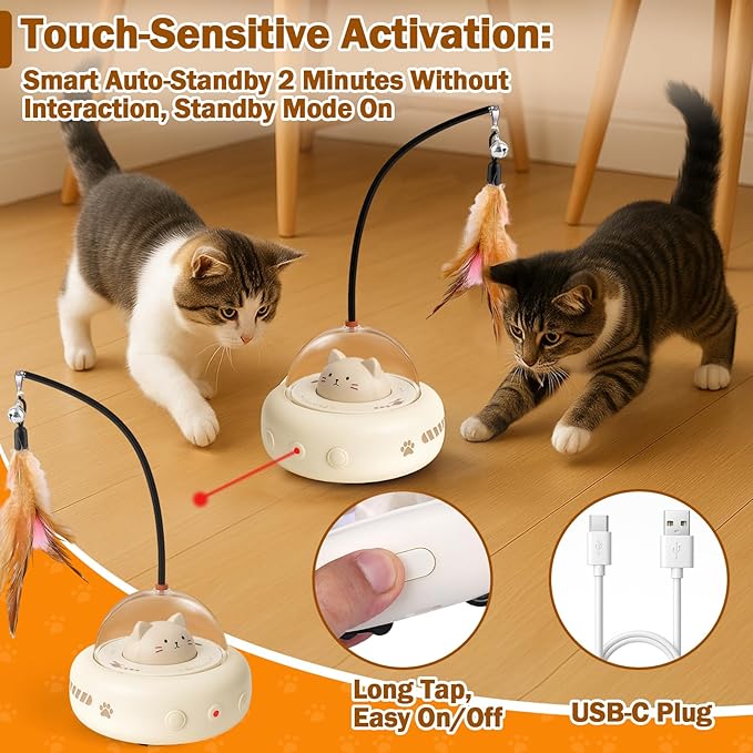 AIERSA Interactive Cat Toys for Indoor Cats, Automatic Enrichment Toy with LED Light and Feather for Cats and Kittens, Moving Self Play Stimulation Toy for Cat Lover Gifts-PurrikoPets