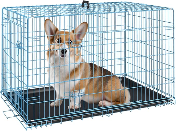 FDW Dog Crate for Medium Dogs 30 Inch Folding Metal WirePet Cage Double Door W/Divider Panel Indoor Outdoor Kennel Leak-Proof Plastic Tray,Blue-PurrikoPets