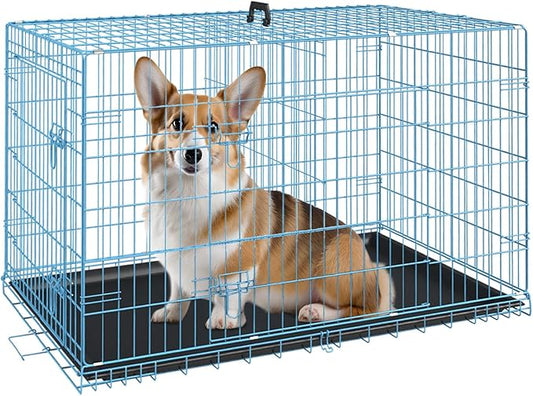 FDW Dog Crate for Medium Dogs 30 Inch Folding Metal WirePet Cage Double Door W/Divider Panel Indoor Outdoor Kennel Leak-Proof Plastic Tray,Blue-PurrikoPets
