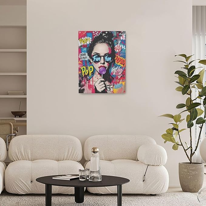 Fashion Women Wall Art Glam Modern Artwork for Girls Banksy Street Graffiti Pop Art Canvas Pictures Painting Print Framed Decorations Gifts for Bedroom Living Room Office 12"x16"-PurrikoPets