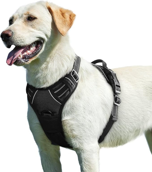 Eagloo Dog Harness for Large Dogs, No Pull Service Vest with Reflective Strips and Control Handle, Adjustable and Comfortable for Walking, No Choke Pet Harness with 2 Metal Rings, Black, L-PurrikoPets