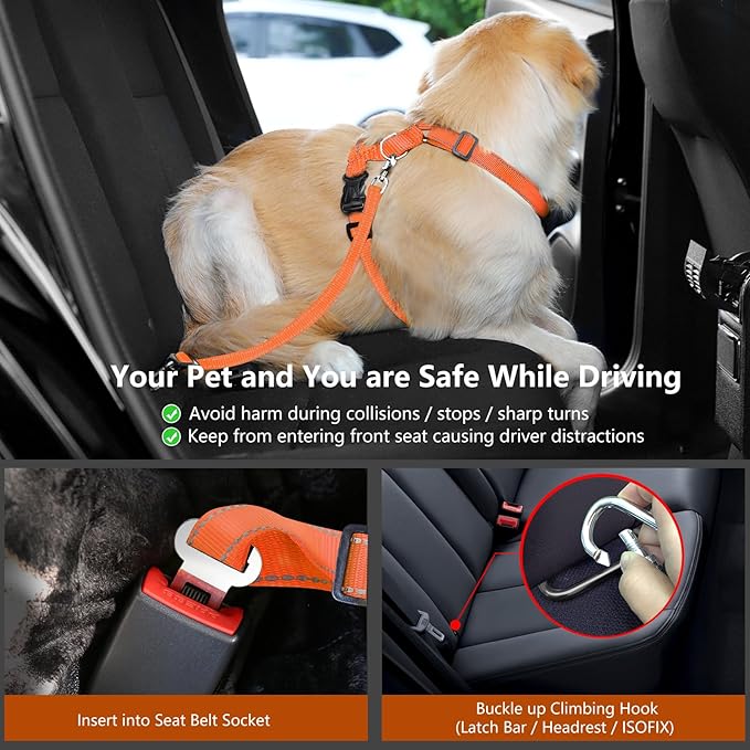 Dog Seat Belt Harness for Car, Dog Car Harness Adjustable Mesh Breathable & Dogs Seatbelt Safety Tether with Elastic Bungee for Small Medium Large Pets(Orange, M)-PurrikoPets