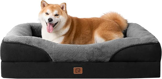 EHEYCIGA Memory Foam Dog Bed for Large Sized, Orthopedic Dog Sofa with Sides and Waterproof Liner, Washable Bolster Pet Bed Couch with Removable Cover, 36x27x7 Inch, Grey/Black-PurrikoPets
