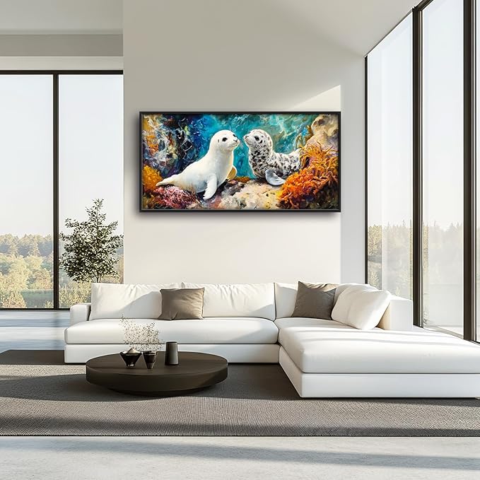 Extra Large Seal Framed Wall Art for Living Room,Oversized Underwater Animal Pictures Wall Decor,Ocean Coral Reef Canvas Print Painting Modern Artwork Bedroom Office Bathroom 60L" x 30W"-PurrikoPets