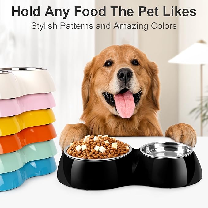 Double Dog Bowls Set – Non-Slip Pet Food & Water Dishes with Resin Stand, Includes Small (1 Cup) & Medium (2 Cups) Bowls – Ideal for Puppies, Cats, and Medium Dogs –Black-PurrikoPets