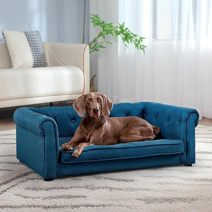 Dog Sofa Couch for Medium to Large Dogs, 31" Memory Foam Dog Couch with Washable Fabric, Removable Cushion, Sofa Bed for Medium and Large Dogs, Blue-PurrikoPets